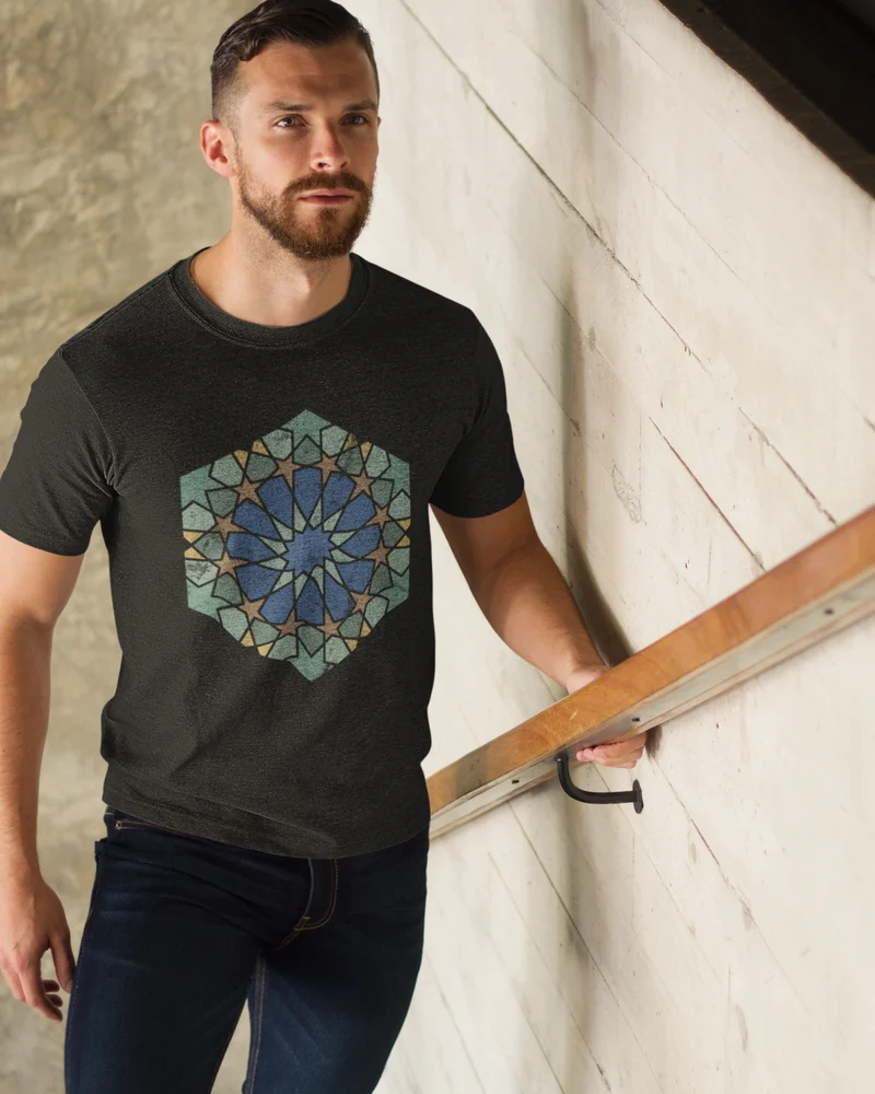 A man wearing the Moroccan Geometry tee