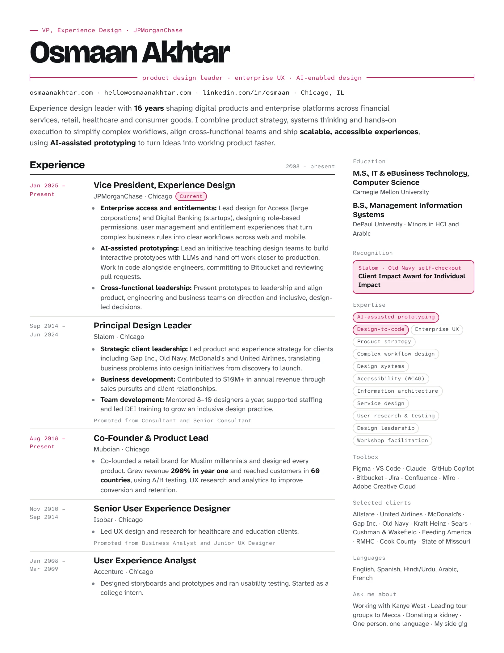 Osmaan Akhtar's one-page résumé